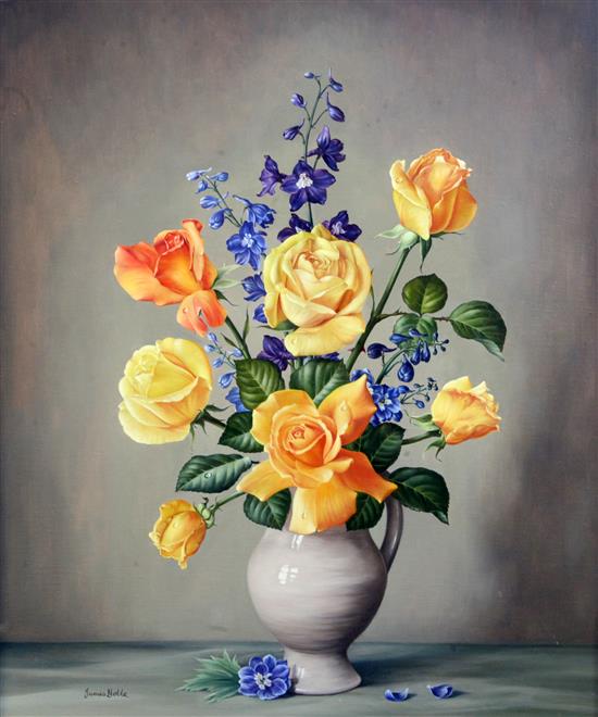 James Noble (1919-1989) Fresh Roses with a Spray of Delphiniums 60 x 50cm